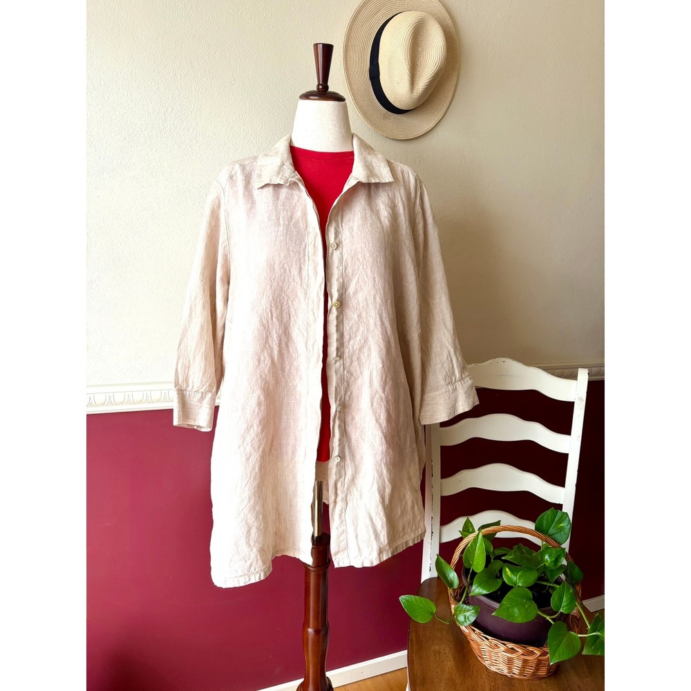 Foxcroft NYC Womens 16W Linen Button Down Shirt Oatmeal Beige Tunic LagenLook